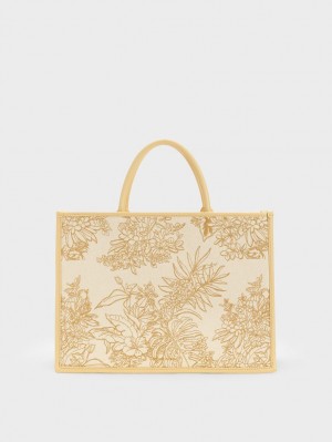 Charles & Keith Floral Illustrated Canvas Tragetaschen Beige | 108DIGPLQ