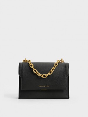 Charles & Keith Front Flap Chain Handle Crossbody Taschen Schwarz | 753WJCYDI