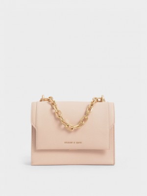 Charles & Keith Front Flap Chain Handle Crossbody Taschen Hellrosa | 410YTDHKE