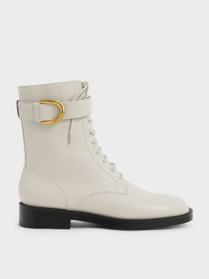 Charles & Keith Gabine Leder Spitze-Up Stiefeletten Weiß | 160KMYEQP