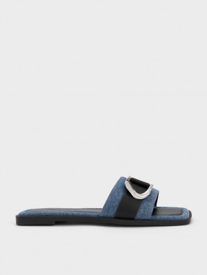 Charles & Keith Gabine Leder & Denim Rutschen Sie Sandalen Blau | 453IBWNGJ