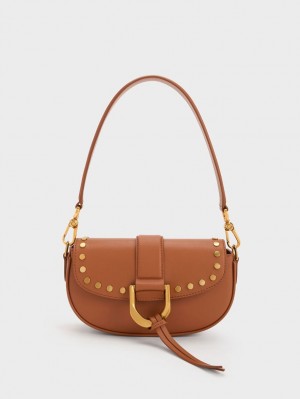 Charles & Keith Gabine Studded Leder Schultertaschen Braun | 497XRJHQY