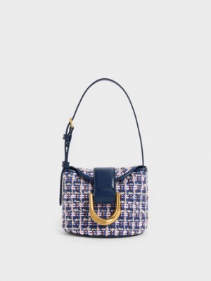 Charles & Keith Gabine Tweed Bucket Tasche Navy | 531KXFARU