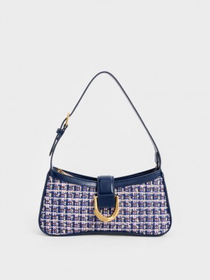 Charles & Keith Gabine Tweed Curved Schultertaschen Navy | 947SICYBK