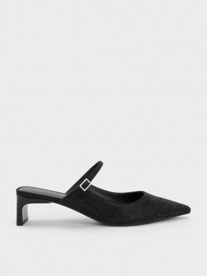 Charles & Keith Gem-Embellished Blade Heel Mules Schwarz | 601VEKLBQ