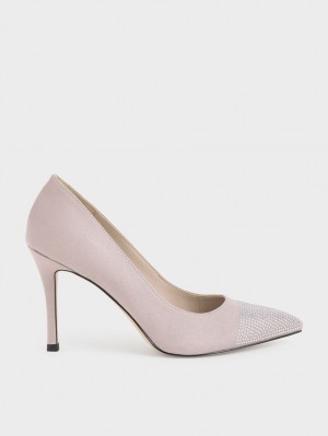 Charles & Keith Gem-Embellished Textured Stiletto Pumps Lila | 793VUWNCM