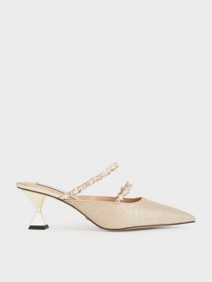 Charles & Keith Gem-Encrusted Metallic Glittered Mules Gold | 786HMGOIC