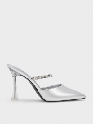 Charles & Keith Gem Riemen Metallic Mules Silber | 724OIGQYZ