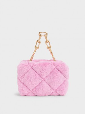 Charles & Keith Gemma Chunky Chain Handle Furry Gesteppt Boxy Crossbody Taschen Rosa | 705ETNOAK