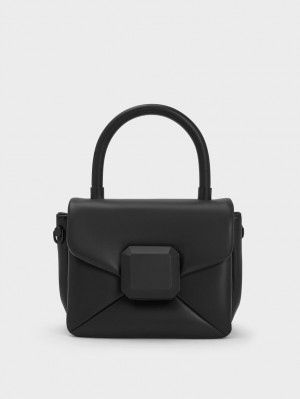 Charles & Keith Geometric Push-Lock Top Handtasche Schwarz | 186LNXOVK