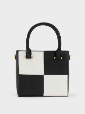 Charles & Keith Georgette Checkered Square Tragetaschen Schwarz Weiß | 659DHAFIQ