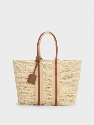 Charles & Keith Gestreift Handles Raffia Tragetaschen Beige | 013NOKJTA