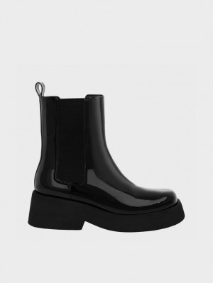 Charles & Keith Giselle Lack Chelsea Stiefel Schwarz | 973TGQOIU