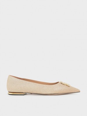 Charles & Keith Glitter Gem-Embellished Ballerinas Gold | 053BUQRGW