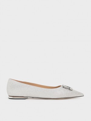 Charles & Keith Glitter Gem-Embellished Ballerinas Silber | 763SEDZGV