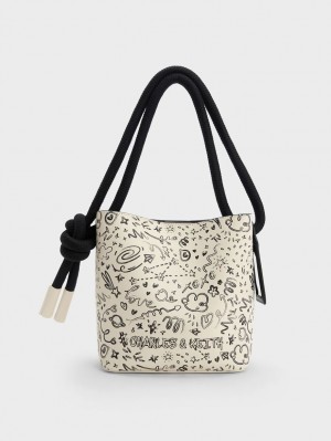 Charles & Keith Gwiana Knotted Printed Bucket Tasche Weiß | 693GXMFYH