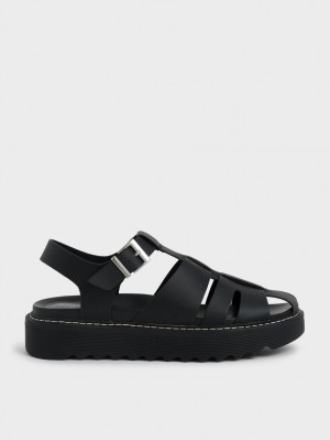 Charles & Keith Interwoven Buckled Plateausandalen Schwarz | 025IRQFOW