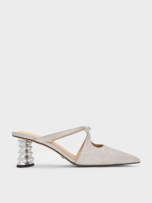 Charles & Keith Jacinda Beaded Heel Glittered Bow Mules Silber | 280LSKNUY