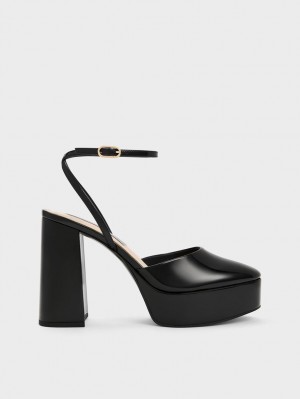 Charles & Keith Jemma Lack Plattform Ankle-Riemen Pumps Schwarz | 507QIMXPD