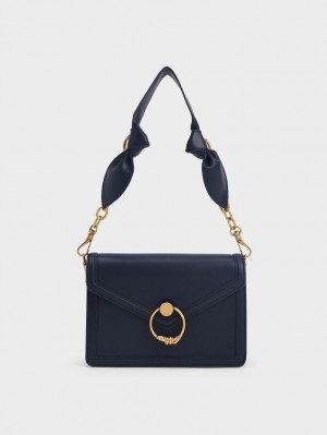 Charles & Keith Joelle Ring Push-Lock Envelope Schultertaschen Navy | 859XVTGUR