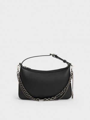 Charles & Keith Jules Leder Chain-Embellished Tragetaschen Schwarz | 298ZNIJSK