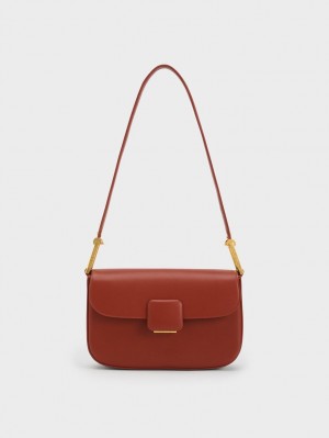 Charles & Keith Koa Square Push-Lock Schultertaschen Dunkelrot | 074UFBAIS