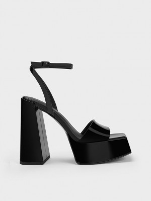 Charles & Keith Lack Ankle-Riemen Plateausandalen Schwarz | 675PDHGQU