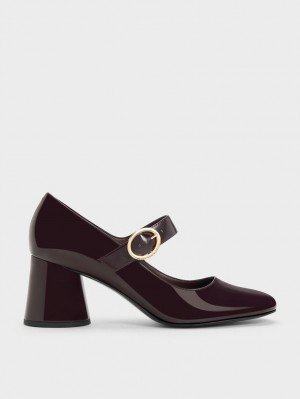 Charles & Keith Lack Cylindrical Block Heel Mary Jane Schuhe Bordeaux | 852KATJLX