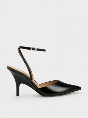 Charles & Keith Lack Leder Ankle Riemen Pumps Schwarz | 265HVYSRK