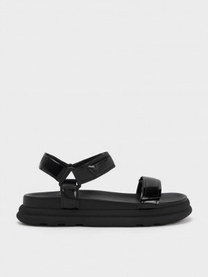 Charles & Keith Lack Riemchen Sports Plateausandalen Schwarz | 831XZBANF