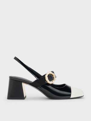 Charles & Keith Lack Two-Tone Pearl Schnallen Slingback Pumps Schwarz | 587SIFYKV