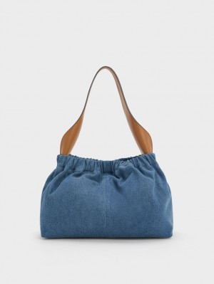 Charles & Keith Large Ally Denim Ruched Slouchy Tragetaschen Blau | 792HYMXBW