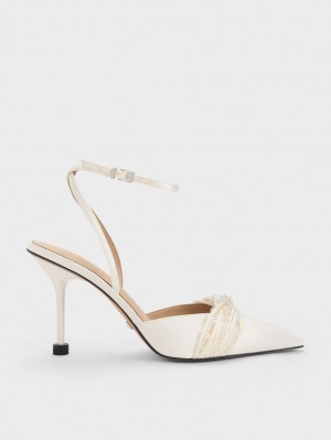 Charles & Keith Leda Beaded Satin Ankle-Riemen Pumps Weiß | 814MNGIYA