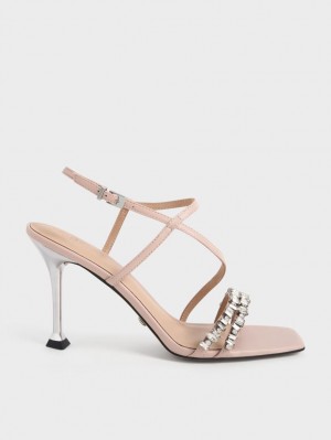 Charles & Keith Leder Gem-Embellished Riemchensandalen Beige | 351FABWMJ