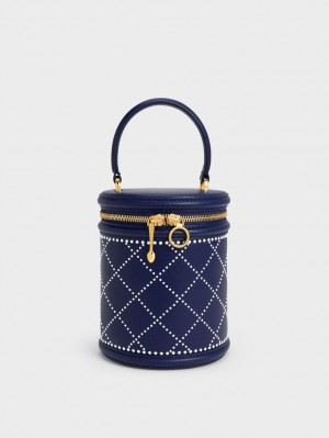 Charles & Keith Marietta Bead-Embellished Bucket Tasche Navy | 718OAKMCS