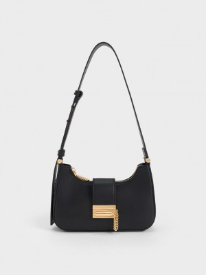 Charles & Keith Metallic Accent Belted Tragetaschen Schwarz | 931EHRVJY