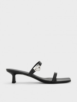 Charles & Keith Metallic Accent Double Riemen Mules Schwarz | 254GZRYDS