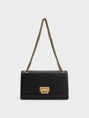 Charles & Keith Metallic Accent Front Flap Schultertaschen Schwarz | 615EIGUZS