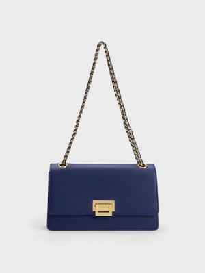 Charles & Keith Metallic Accent Front Flap Schultertaschen Navy | 091YPONHW