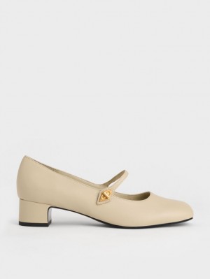 Charles & Keith Metallic Accent Mary Jane Pumps Beige | 403URIHAY