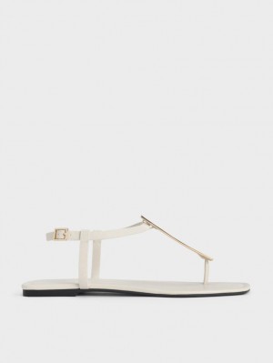 Charles & Keith Metallic Accent T-Bar Tanga Sandalen Flach Weiß | 179XQVJMA