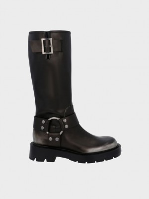 Charles & Keith Metallic Buckled Kniehohe Stiefel Schwarz | 621BKTFCO