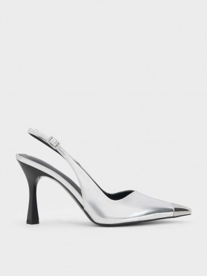 Charles & Keith Metallic Cap Pointed-Kappe Slingback Pumps Silber | 591VLQCSU