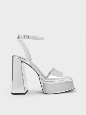 Charles & Keith Metallic Plattform Ankle Riemchensandalen Silber | 715YUXZJI