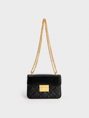 Charles & Keith Metallic Push-Lock Chain Crossbody Taschen Schwarz | 238CPUDNM