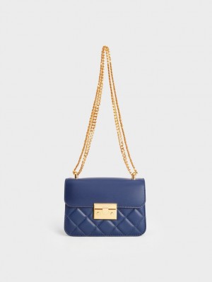 Charles & Keith Metallic Push-Lock Chain Schultertaschen Navy | 780SROEBX