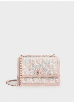 Charles & Keith Micaela Tweed Gesteppt Chain Crossbody Taschen Hellrosa | 018UGRNCM