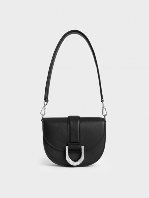 Charles & Keith Mini Gabine Leder Satteltaschen Schwarz | 729KOMRFD