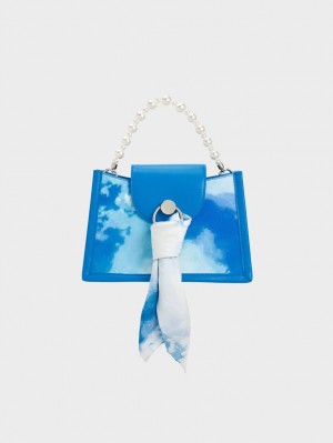 Charles & Keith Mini Roza Beaded Handle Scarf Cloud-Print Crossbody Taschen Blau | 194GMESQT