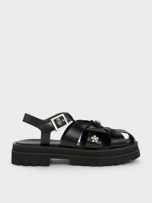 Charles & Keith Nell Gladiator Floral-Embellished Plateausandalen Schwarz | 582DSUFXA